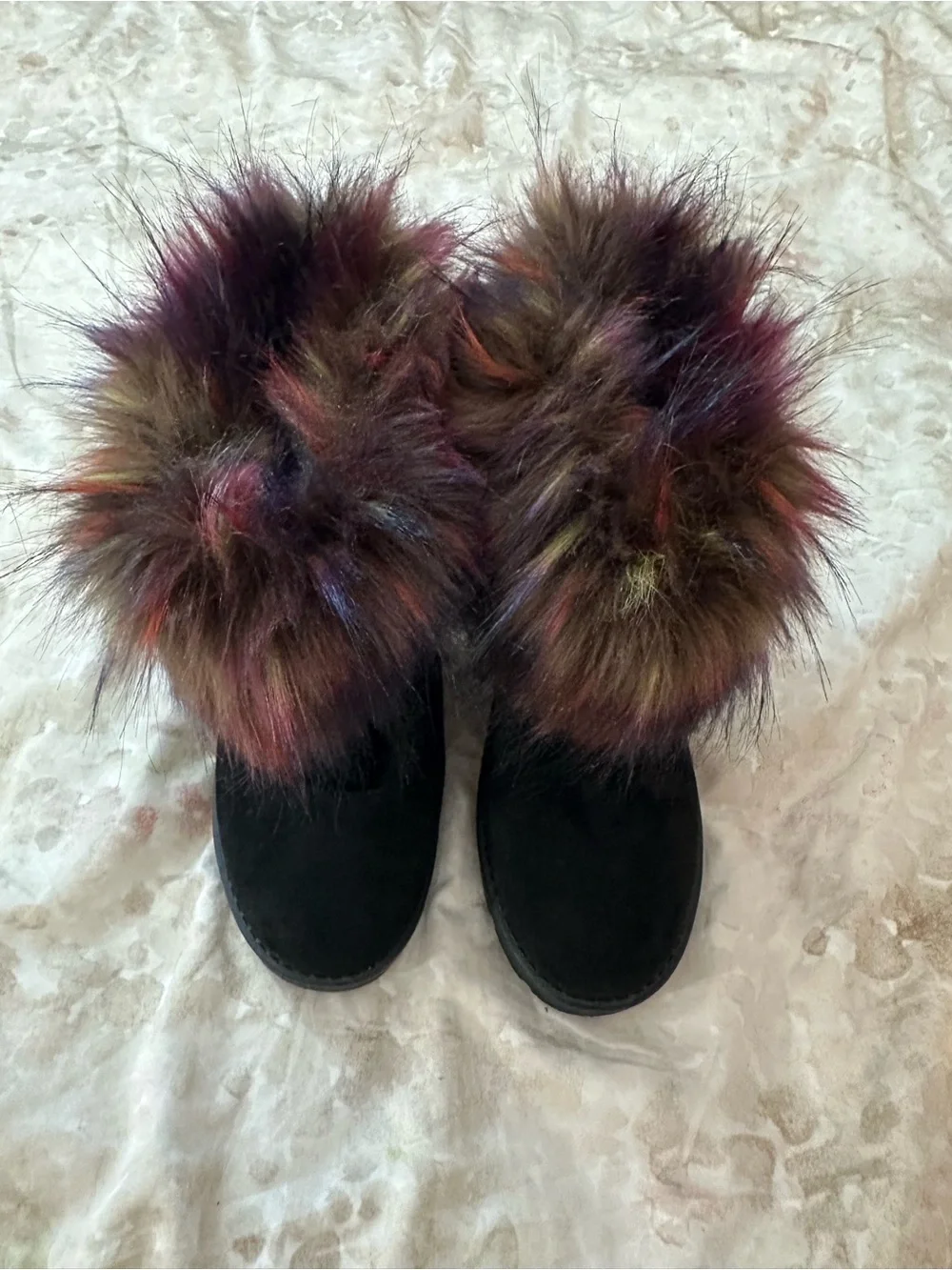 Dolls Kill Black Boots with Multicolor Faux Fur Cuff